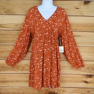 a.n.a. A New Approach Dress Womens L Burnt Orange Floral V-Neck Long Sleeves NEW - Picture 1 of 9
