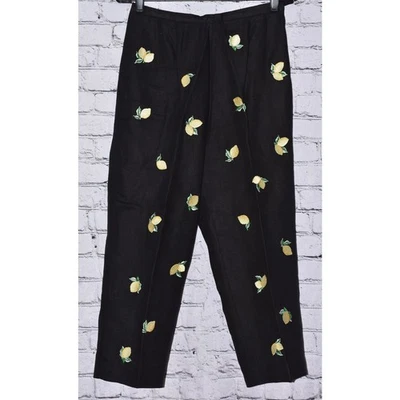 Talbots Black Irish Linen Pants Colorful Lemons Size 8p  - Image 1 of 4