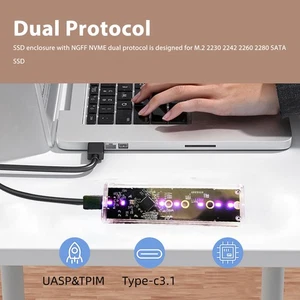 M.2 NVMe SSD Enclosure 10Gbps Type C USB 3.1 Breathing LED Light Clear Cover NEW - Afbeelding 1 van 12