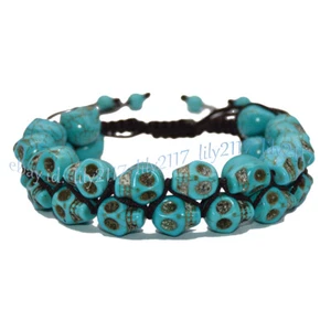 Tibet Buddhist 10x12mm Blue Turquoise Howlite Skull Prayer Beads Mala Bracelets - Picture 1 of 5