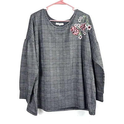 Women's Retrology Gray Black Plaid Floral Embroidered Boat Neck Sweater Size 2X - Image 1 of 4