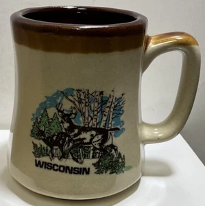 Vintage Wisconsin State Souvenir Coffee Cup Mug Buck Deer Fawn Trees Brown Trim - Picture 1 of 5