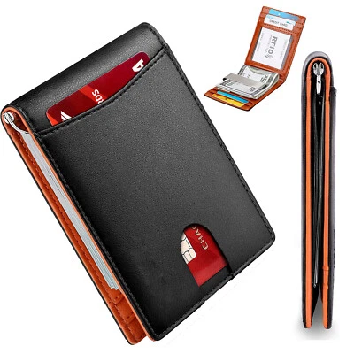 Cartera de bolsillo frontal minimalista de cuero genuino plegable delgada con bloqueo RFID para hombre Foto 1 de 4