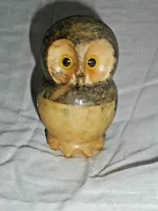 Vintage Hand Carved MARBLE or ALABASTER OWL FIGURINE with Yellow Glass Eyes - Picture 1 of 12
