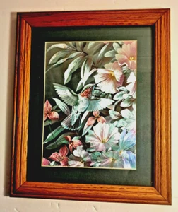 Vintage Metal Foil Wall Art Hummingbird Floral Pink Red Green 10x12 Oak Frame - Picture 1 of 16