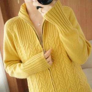 Cashmere Sweater Women's Turtleneck Zipper Knitted Cardigan Slouchy Loose Jumper - Picture 1 of 11