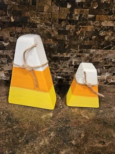 Lot of 2 Candy Corn Hand Made Painted Wooden Halloween Fall Rustic Decor Wood  - Picture 1 of 2