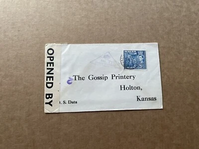 Malta WWII Censor Cover to US (23-S7) +Solo KGVI #196 +Censor #71 +Violet #2 BS - Image 1 of 2