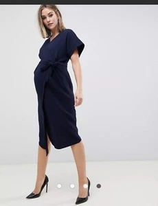 ASOS Maternity Wrap Midi Dress Navy Womens Nursing V neck Short Sleeves Size 4 - Picture 1 of 11