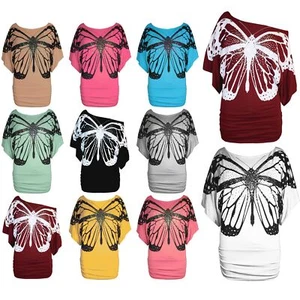 Womens Off Shoulder Ladies Celeb Print Sequin Butterfly Batwing Side Ruched Top - Picture 1 of 17
