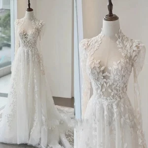 Vestidos de novia boho línea A cuello halter mangas largas apliques de encaje vestidos de novia - Imagen 1 de 8