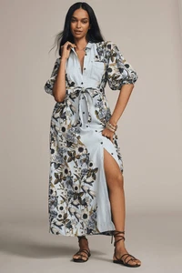 Anthropologie Maeve The Mona Linen Shirt Dress Blue Floral Large NEW No belt - Picture 1 of 3