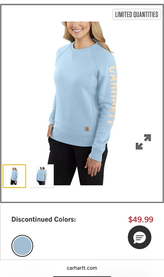 Carhartt Women’s Relaxed Fit Blue Sweatshirt Small Block Logo Sleeve - Image 1 of 4