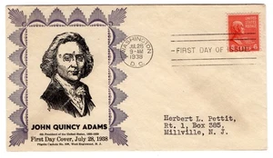 #811 Presidential Series 6c John Quincy Adams 1938 FDC - Pilgrim - Picture 1 of 2