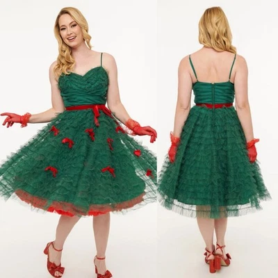 Unique Vintage Christmas Emerald Green & Red Ribbon Tulle Cupcake Swing Dress M - Image 1 of 4