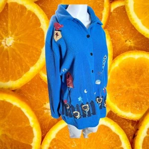 Quacker Factory Women's Blue Spring Embroidered Fleece Button Down Jacket Size L - Picture 1 of 8