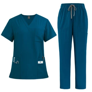 Summer STRETCH Medical Scrub Set V-Neck Straight Men Women Nursing Uniform Suit - Picture 1 of 24