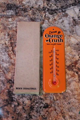 SCARCE 1930s ORANGE CRUSH  SODA POP STAMPED METAL THERMOMETER SIGN COKE PEPSI - Image 1 of 4