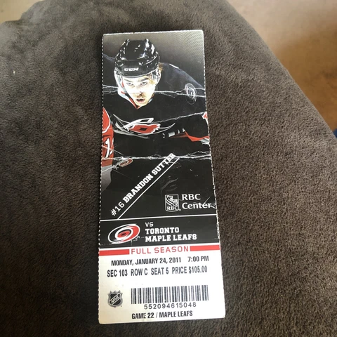 2011 NHL Full Ticket Toronto Maple Leafs vs Hurricanes Game 22 RBC Center Sutter Cover