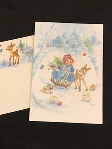 Vintage Hallmark Christmas Card Mary Hamilton Girl Deer NOS Decorative Envelope - Picture 1 of 11