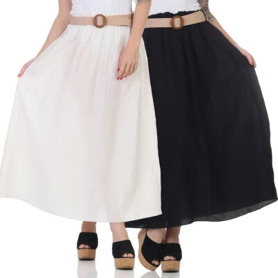 Damen Rock Sommer Leinen lang Maxi Gürtel Boho Glockenrock Strand Tüll Plissee - Bild 1 von 4