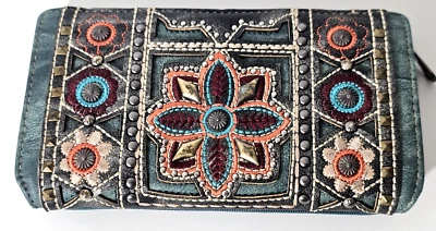 Montana West Aztec Studs Floral Embroidered Glam Teal Green Wallet 7.2" L X 4" H - Image 1 of 4