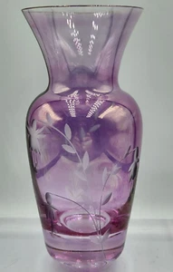 Pink lustre crystal vase etched fushias flowers czechoslovakia - Picture 1 of 10