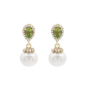 Pearl Drop Earrings Gold Plated Sterling Silver Natural Peridot Gemstone Jewelry - Picture 1 of 1
