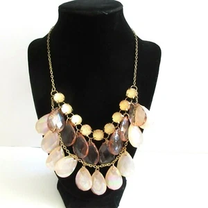 Bib Necklace 3 layers Lucite Faceted Clear Pink Glittery Goldtone Chain - Picture 1 of 8