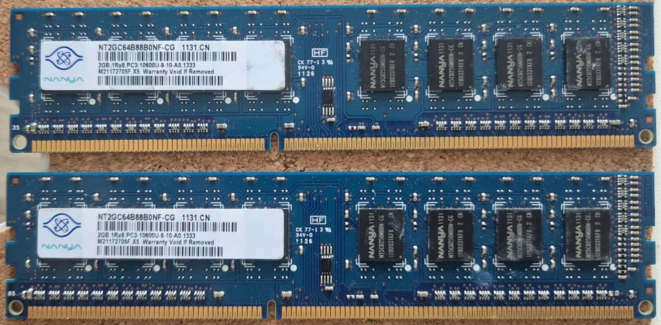 Nanya 4GB 2x 2GB DDR3 RAM NT2GC64B88B0NF-CG-1Rx8 PC3-10600U-9-10-A0 1333MHz - Bild 1 von 1