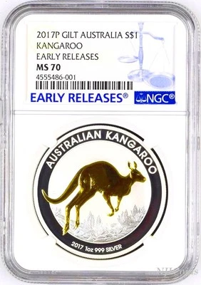 2017 P Australia GILDED Silver Kangaroo NGC MS 70 1 oz Coin w/OGP gilt ER LABEL - Image 1 of 3