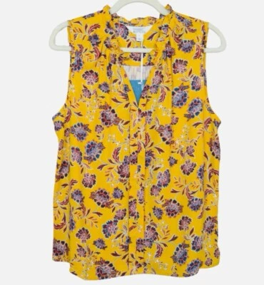 MARKET & SPRUCE Large Orlee Mixed Material Mustard Yellow Floral Sleeveless Top - Image 1 of 3