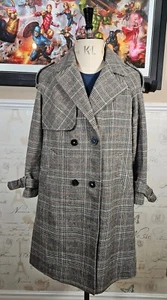 La Chapelle Double Breasted Wool Trenchcoat Women's 40 Grey Check Overcoat - Picture 1 of 18