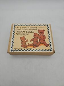  SET OF THREE OLD FASHIONED HAND FLOCKED FULLY JOINTED TEDDY BEARS 1970'S Nice