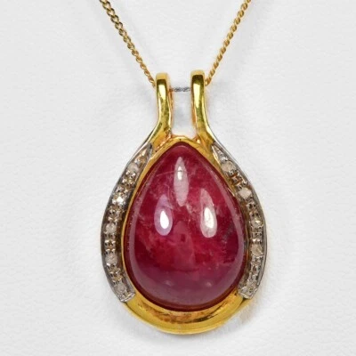 925 STERLING SILVER PENDANT WITH NECKLACE PINK RED RUBY PEAR CABOCHON LENGHT 20" - Image 1 of 4