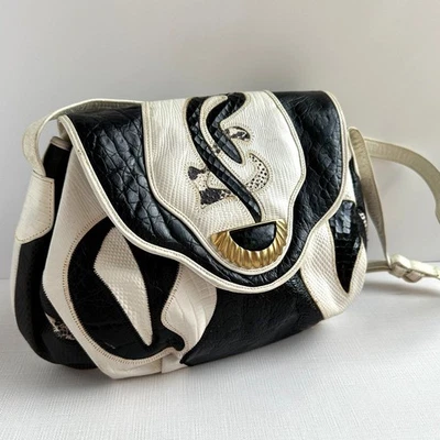 1980s Sharif Black and White Leather Crossbody - Image 1 of 4