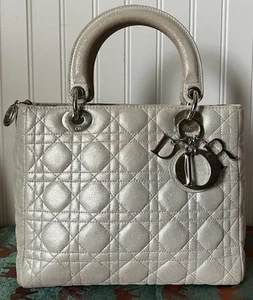 Christian Dior Lady Dior Medium Handbag Light Gray Nubuck Glitter Bag SHW - Picture 1 of 22