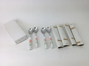 NEW Noritake BRIGHT SIDE 18/8 Stainless Peach Poppy Flower Flatware 4 Soup Spoon - Picture 1 of 3