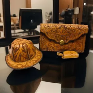 Vtg Mexico Western Floral Hand Tooled Leather Clutch Handbag Hat Pouch Embossed - Picture 1 of 16