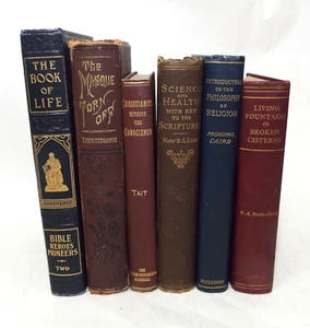 6 ASSORTED RELIGIOUS ANTIQUE BOOKS Gold Gilt Spine Decorative Library Shelf - Picture 1 of 10