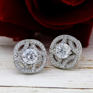 Art Deco Round Simulated Diamond Vintage Cluster 14k White Gold Stud Earrings - Picture 1 of 8