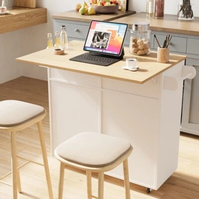 Мобильный шкаф на колесиках 35 дюймов для хранения кухонных островных листьев со стойкой для специй - Изображение 1 из 4