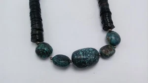 Sterling Silver 925 Chunky Blue Turquoise Black Heishi Statement necklace 22" - Picture 1 of 9