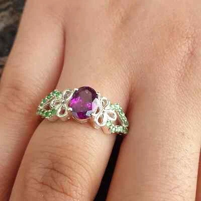 Purple Garnet Ring Sterling Silver Ring Combination Ring For Wedding/Anniversary - Imagem 1 de 4