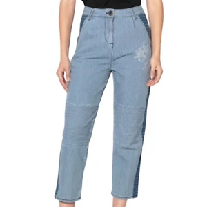 Womens M Desigual Blue Jeans Emily Stripe Trousers Patch Embroidery - Picture 1 of 8