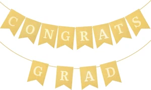 Graduation Banner, Pre-Strung Congrats Grad Backdrop Gold Glitter Garland Buntin - Picture 1 of 7