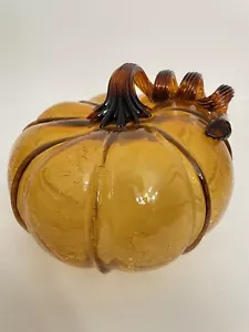 Hand Blown Art Glass Amber Crackle Pumpkin Very Curly Stem Fall Decor Halloween - Picture 1 of 7