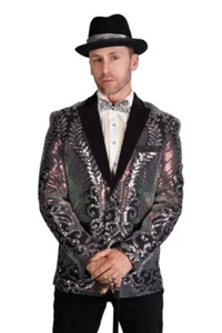 Sequin Formal Men Jacket Tuxedo Coat Red Silver Holographic Blazer Groom Gift - Picture 1 of 3