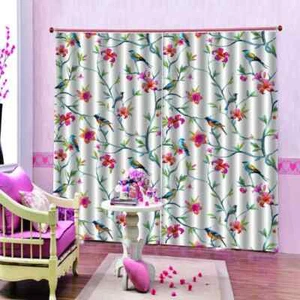 Pink Flowers Birds Printing 3D Blockout Curtains Fabric Window Home Decor - Bild 1 von 12