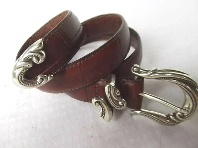 Coldwater Creek belt M brn leather allegro swirl silver tone faux alligator MINT - Image 1 of 4